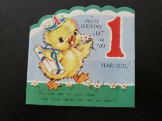 Vtg Rust Craft Birthday Greeting Card Duck Daisies Party Hat 1 Yr Old 1940s