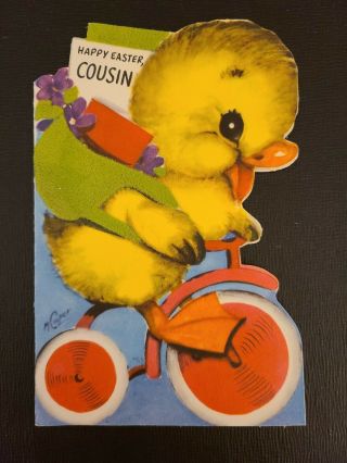 Vtg Rust Craft Easter Greeting Card Diecut Flock M.  Cooper Duck Ride Bicycle 50s