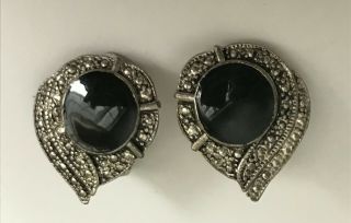 Vintage Black Enamel And Silver Tone Clip On Earrings Art Deco Styling