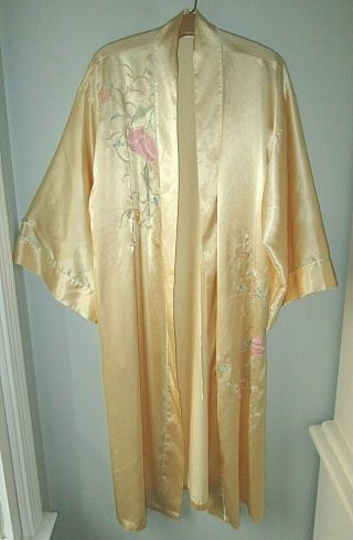 Vintage Natori Asian Style Robe Kimono Yellow Floral Embroidery Pockets Small