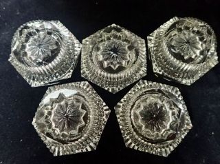Set Of 5 Vintage Hexagon Shape Crystal Glass Open Salt Cellars Dishes