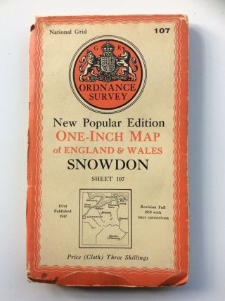 Vintage Ordnance Survey Cloth Sheet Map No.  107 Snowdon