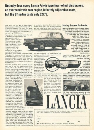 1967 Lancia Fulvia - Twin Cam - Classic Vintage Advertisement Ad D188