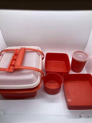 70s Orange Vintage Tupperware Pak N Carry Lunch Box Kit Tote 7 Pc.  W Handle Pack