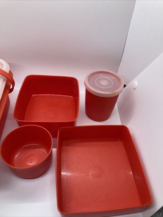 70s Orange Vintage Tupperware Pak N Carry Lunch Box Kit Tote 7 Pc.  w handle Pack 2