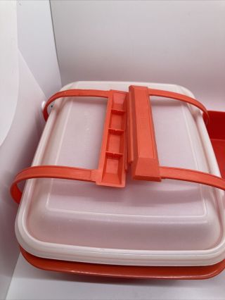 70s Orange Vintage Tupperware Pak N Carry Lunch Box Kit Tote 7 Pc.  w handle Pack 3