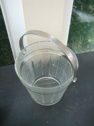 Vintage Glass Ice Bucket With Hammered Metal Handle Oak Barrel Pattern
