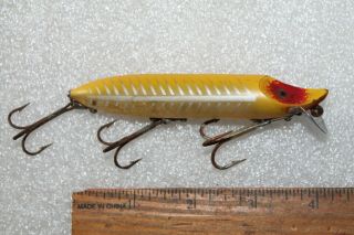 Vintage Heddon Vamp Spook Crankbait,  Yellow W/silver Side Bars,  Red Eye Patches