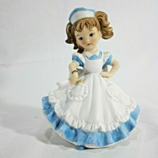 Vtg Hand Painted Lefton China Bisque Young Nurse Girl Figurine Blue Dress 4 1/2 "