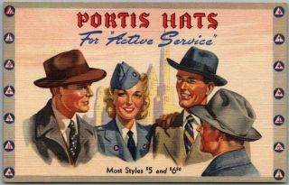 Vintage 1940s Portis Hats Linen Advertising Postcard " For Active Service " Wwii