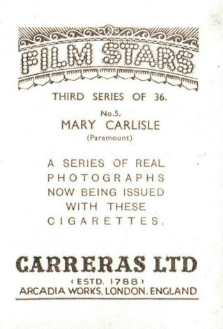 MARY CARLISLE - carreras HOLLYWOOD film starlet PIN - UP/CHEESECAKE 1937 cig card 2