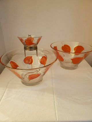 Vintage Glass Chip And Dip Set With Orange Leaf Motif With Gold And Extra Bowl