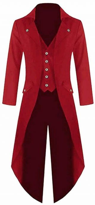Mens Steampunk Victorian Jacket Gothic Tailcoat Costume Vintage,  Red,  Size