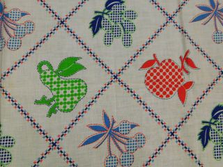 Vintage Cotton Printed Feedsack Quilt Fabric Navy Green Red Fruit 38x43 "