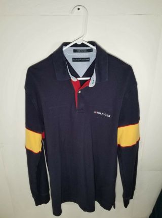 Vintage Tommy Hilfiger Rugby Shirt Mens Large Collared Blue Yellow Whitered Polo