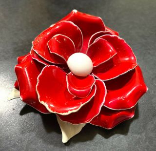 Vintage Enamel Flower Brooch Pin Red And White Rose Wedding
