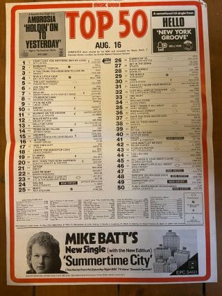 Vintage Music Week Chart Poster Aug 10 1975 Mike Batt Hello Ambrosia Stylistics