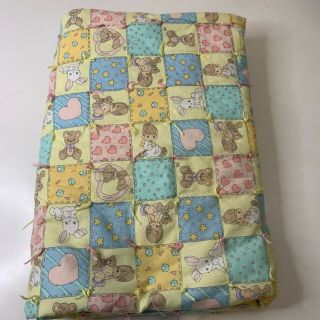 Vintage Baby Blanket Quilt Precious Moments Toddler Squares Bunnies Bears Yellow