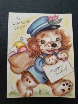 Vtg Rust Craft Easter Greeting Card Anthropomorphic Puppy Dog Pos5man Eggs Mail