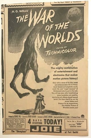 Large 1953 Newspaper Ad For Movie The War Of The Worlds - Classic Sci Fi By Pal