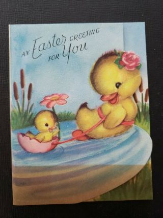 Vtg Easter Greeting Card Diecut Ducks Pond Rust Craft 1940s/ Bottom Shaded