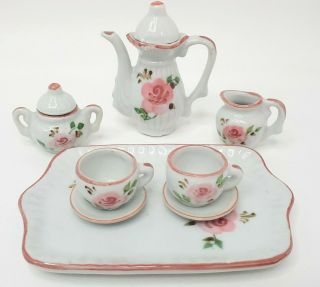 8 Pc Doll Tea Set Vintage Mini Porcelain China White Rose Floral With Tray