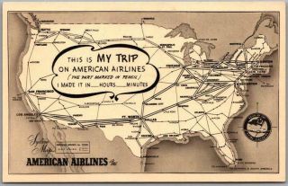 Vintage American Airlines Postcard / United States System Map C1950s
