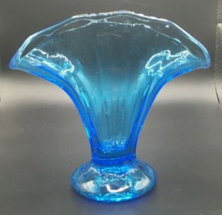 Vintage Colonial Blue Depression Art Glass Fan Shaped Fluted Vase 6”