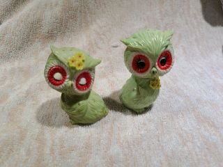 Vintage Girl Boy Green Owls Salt And Pepper Shakers Big Open Eyes,  Closed Eyes