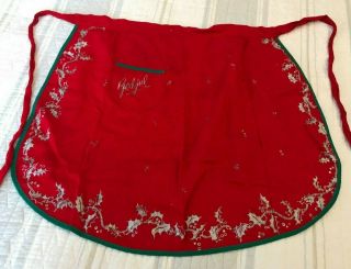 Vintage Swedish " Godjul " Half Apron Mid Century Retro Silver Holly On Red Fabric