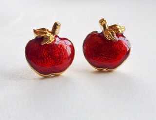 Vintage Avon Gold Tone Red Enamel Apple Pierced Earrings