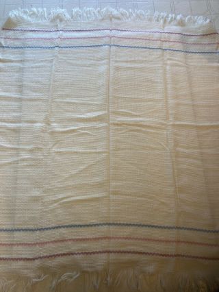 VTG FARIBO Wool Blend Blanket Throw.  Cream With Fringe Purple Pink Blue Stripes 3