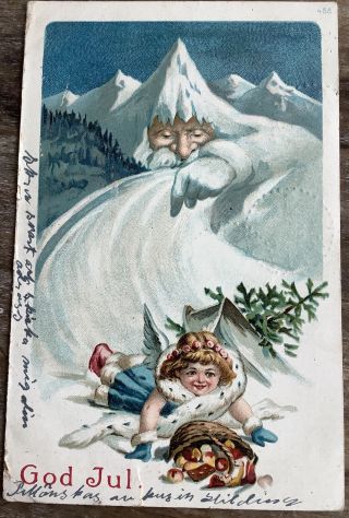 Vintage Swedish Postcard God Jul Little Girl Fantasy Mountain Christmas￼