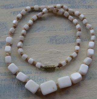 Vintage Milk White Glass Graduated Cube Bead Necklace Hand Knotted - A17