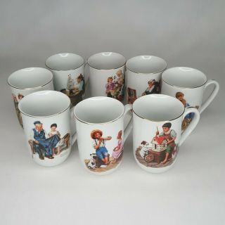 Norman Rockwell Museum Set Of 8 Mugs,  Cups Vintage 1982 Gold Trim Collectible