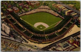 Vintage 1940s Wrigley Field Postcard Baseball Stadium Aerial View Chicago Linen