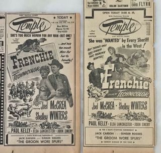 Two Large 1951 Newspaper Ads For Movie Western Frenchie - Shelley Winters