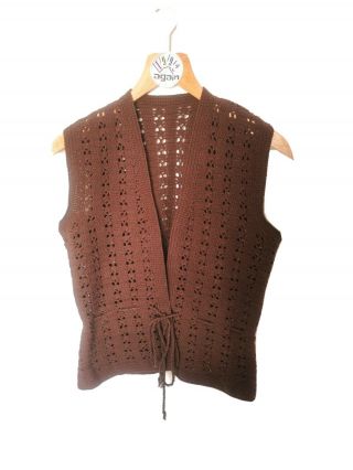 Vintage M S Brown Crochet Knitted Sleeveless Waistcoat Cardigan Sweater Vest Tie
