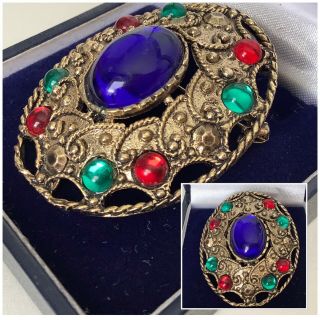 Vintage Jewellery Stunning Large Gold Tone & Coloured Cabochon Brooch Pin