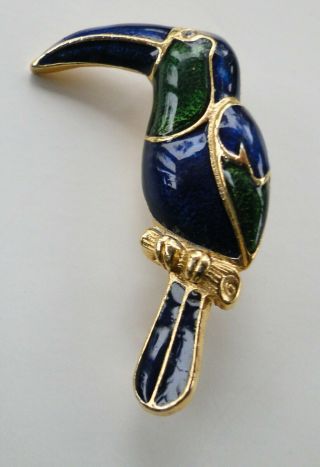 Vintage Enamel Parrot Bird Rhinestone Brooch Pin Blue Green Gold Tone