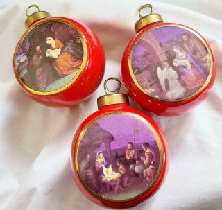 3 Vtg Red Christmas Ornament Porcelain Balls Nativity Scenes 3 - 1/2 Inch Long
