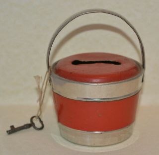 Vintage 1940s 50s Tin Money Box & Key Bucket / Pail Coopered Design Red