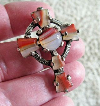 Vintage Signed Miracle Scottish Celtic Iona Cross Agate Brooch Pin Or Pendant