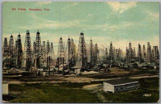 Vintage 1915 Houston,  Texas Linen Postcard " Oil Field " Oilwells Well / Ia Cancel