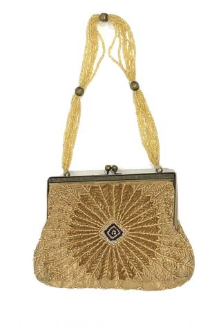 Vintage Beaded Kisslock Purse Handbag Gold Metal Frame Beaded Strap