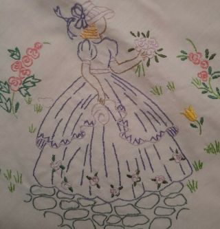 Vintage Embroidered Crinoline Lady Tablecloth 50 ",