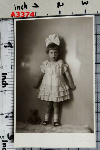 1920s Vintage Photo Pc Girl W Bow,  Teddy Bear