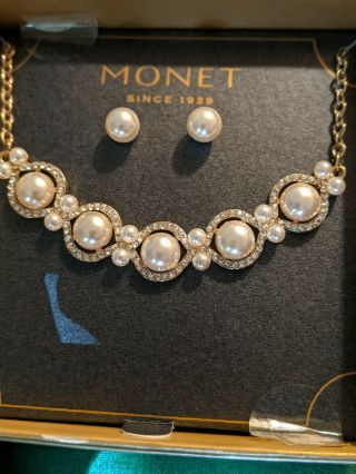 Vintage Monet Signed Faux Pearl Pave Rhinestone Necklace Earring Set Nos