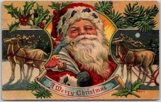 Vintage Christmas Postcard Santa Claus / Reindeer 6604 - 1910 Ne Cancel