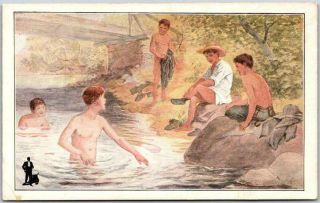 Vintage 1910s Walk - Over Shoes Advertising Postcard Swimming Hole Scene / Boys